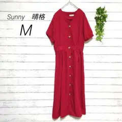 シャツワンピース　ロング丈　半袖　M　レッド　軽量素材　ポケット有　鮮やか