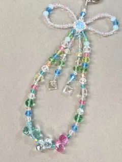 【ハンドメイド】ガラスビーズ リボンチャーム/スマホストラップ