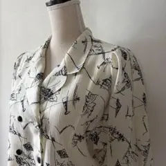 ビンテージ 総柄シャツ パフスリーブ 白黒 アート M ドルマンスリーブ ダブル