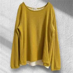 シネマクラブ　長袖ニット　重ね着風　バック異素材切替　マスタード　イエロー　L