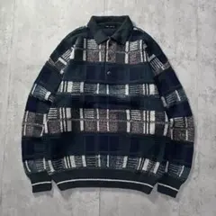 イタリア製 古着 ポロニット 総柄デザイン L 紺緑白