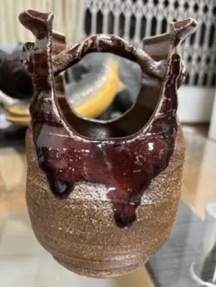 手作り陶器 花器 中型 茶色 赤