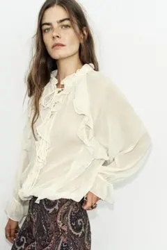 ZARA フリルシアーブラウス 長袖 ホワイト