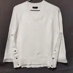 レディース Vネック 長袖ニットセーター オフホワイト Lサイズ