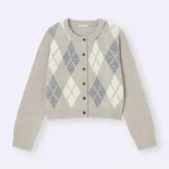 パフニットアーガイルクルーネックカーディガン ベージュ Sサイズ