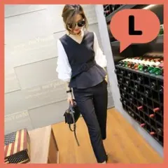 Lサイズ 黒 フォーマル パンツスーツ ベルト付き セットアップ トレンド