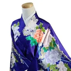 W76 着物 袷 振袖 化繊 洗える着物 花 青紫