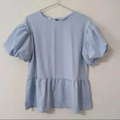ブラウス　半袖　水色 ライトブルー ボリュームスリーブ Tシャツ M