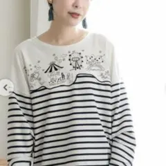 ScoLar 遊園地 パーク刺繍ボーダーロングスリーブTシャツ うさぎ ネコのサムネイル