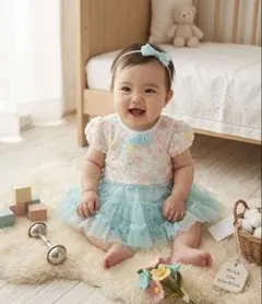 【美品】ベビー ロンパース ワンピース チュール 花柄 80 女の子フリル可愛い