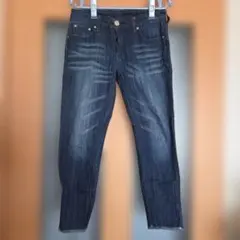 ダークブルー スキニーデニム フリンジ仕上げ 低身長用