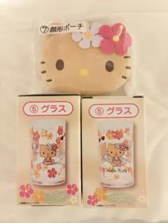 ハローキティ キティくじ　日焼けキティ　グラス2個　顔形ポーチ　3点セット