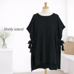 シェリーアイランド　ニットベスト　サイドリボン　ブラック　綿混　大きいサイズ