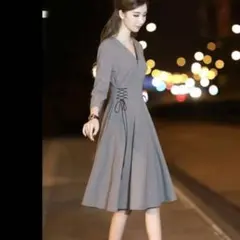 千鳥格子柄　ロングワンピース　Vネック　七分袖　長袖　プリーツ　ワンピース