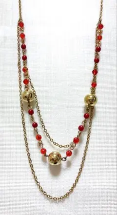 ゴールド 赤 ビーズ 3連ネックレス