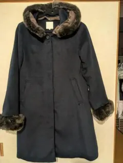 ☆ネイビー ウールロングコート ファー付き