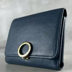 【美品】ブルガリ 三つ折り 財布 ロゴ 金具 バイカラー 水色 レザー ジップ