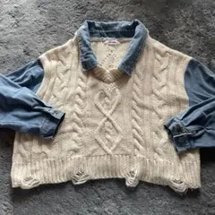 デニム　ケーブル編み クロップドセーター