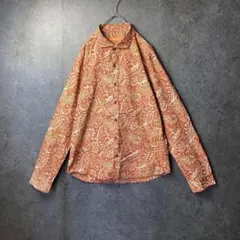 長袖シャツ　柄シャツ　古着　赤　白　総柄　ペイズリー　レトロ