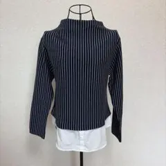 ナイスクラップしまむらコラボ　厚手長袖カットソー　Mサイズ　ストライプ　ネイビー