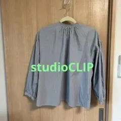 【美品】studio CLIP 襟元フリル　ストライプ 長袖シャツ　Ｌ