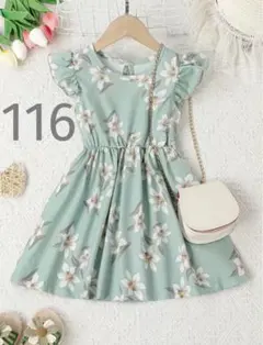 海外子供服　フレンチスリーブフラワーワンピース116cm  フリル袖　女の子