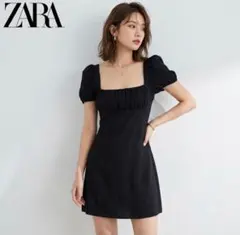 ZARA スクエアネック パフスリーブ ミニワンピース ブラック M
