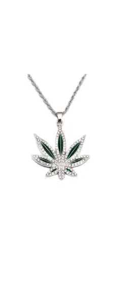 シルバーネックレス マリファナロゴデザイン シルバーxグリーン 新品