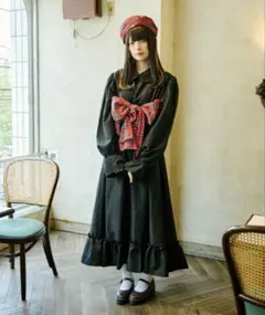 チェックリボンビスチェセットフリル襟ワンピース ベレー帽 セット