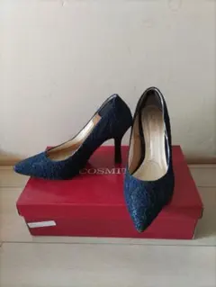 ネイビー レース ラメ パンプス ハイヒール M