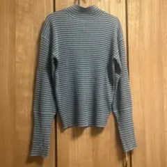 【Discoat】水色×茶色　リブ編みタートルネックセーター　長袖　M ボーダー