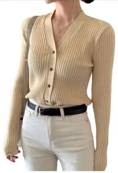 リブニット レディース Vネック セーター 長袖 無地 カットソー L