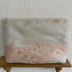 No.401 帯リメイク　【難あり】ファスナーポーチ　大