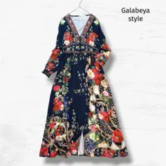 美品 ガラベーヤ ワンピース 花柄 M エスニック ボヘミアン リゾート 紺