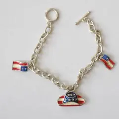 チェーンブレスレット　アメリカ国旗柄　チャーム付き　銀色　ハット＆フラッグ