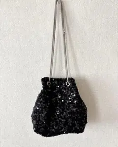 スパンコール ミニバッグ 巾着 チェーンショルダー ブラック