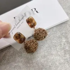 べっ甲×ブラウンテディベアボールピアスイヤリング