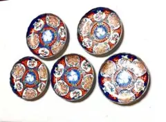 色絵窓絵獅子雀文稜花小皿(見込みに藍の松葉)5枚セット