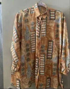 昭和レトロビンテージ ビッグシルエット シアーブラウス オレンジ系幾何学模様