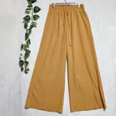 a814マスタード ワイドパンツ ドローストリング付ウエスト総ゴムＬ
