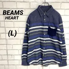 BEAMS ビームスハート ボーダー柄シャツ ケーブルニットポケット 紺 L