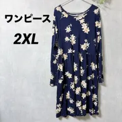 ✨美品✨ネイビー 花柄 【2XL 】長袖ワンピースゆったりキレイ［1点もの］