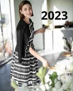 美品✨エムズグレイシー 2023フラワーxリボン入りボーダージャガードワンピース