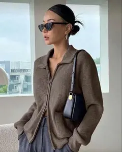 SHEIN シーイン　ダブルジップニット　チョコレートブラウン　M