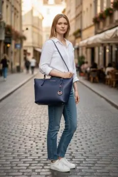 【美品✨人気ネイビー】MICHAEL KORS 本革トート A4可 通勤バッグ