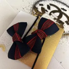 familiar リボン型ヘアゴム ネイビーとレッド 2個セット