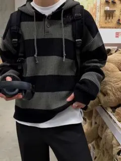 Retro Stripe Knit Hoodie／ボーダーニットパーカー Y2K