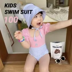 新品 ツートーン チェック 水着 水泳帽 ワンピース パワーショルダー 韓国