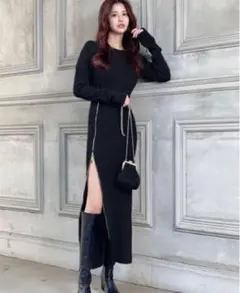 GRL ジップスリットタイトニットワンピース 黒 rut785