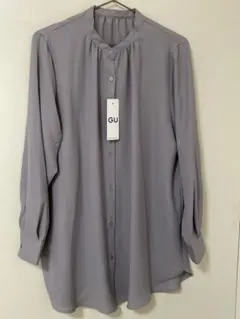 GU バンドカラーロングシャツブラウス　タグ付き未使用品　グレー　M